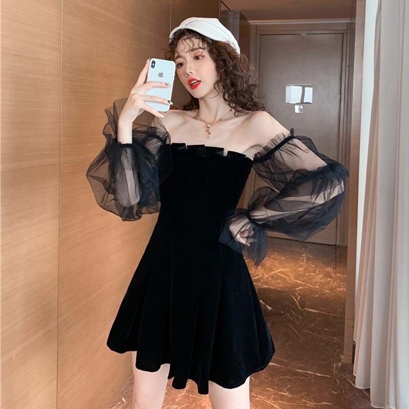 Đầm hở vai sexy phối lưới màu đen eo cao phong cách hàn quốc váy nữ