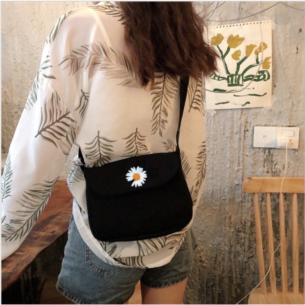 [  SALE 50 % ]Túi tote vải bố đựng đồ canvas đeo chéo phong cách Hàn Quốc in hình cúc họa mi