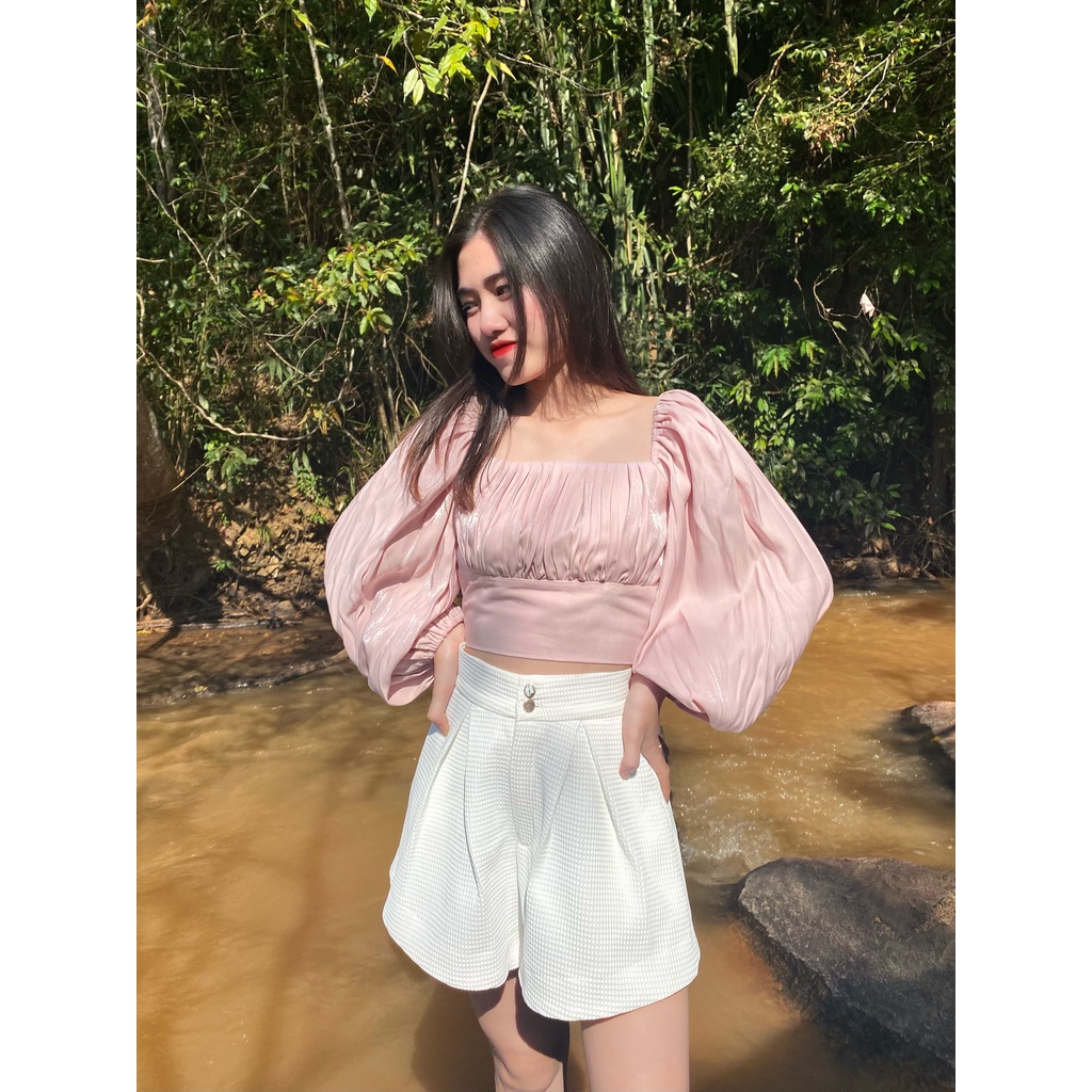 Áo Nhún Ngực Tay Phồng Organza Màu Hồng Phấn - HOO DESIGN