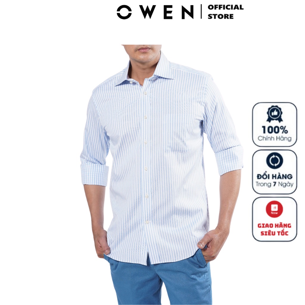 Áo Sơ Mi Nam Dài Tay OWEN AR220021DT Somi Công Sở Cao Cấp Màu Xanh Ghi Sớ Ngang Dáng Suông Tà Lượn Có Túi Vải Sợi Tre