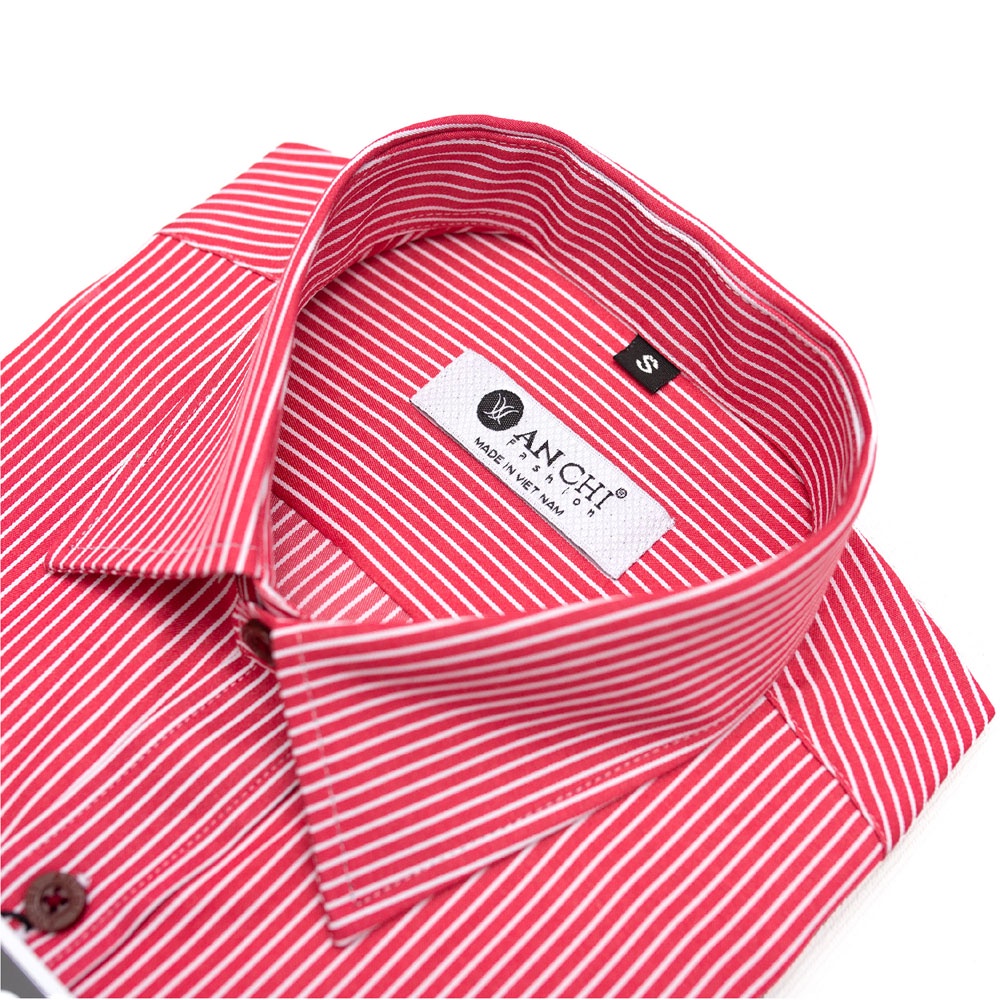 Áo Sơ Mi Nam Dài Tay Trung Niên ANCHI Hoạ Tiết Kẻ Đỏ Vải Sợi Tre Cao Cấp