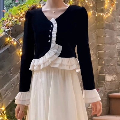 Set áo cardigan chất liệu nhung + váy lưng cao thời trang thu đông cho nữ (có bán lẻ)