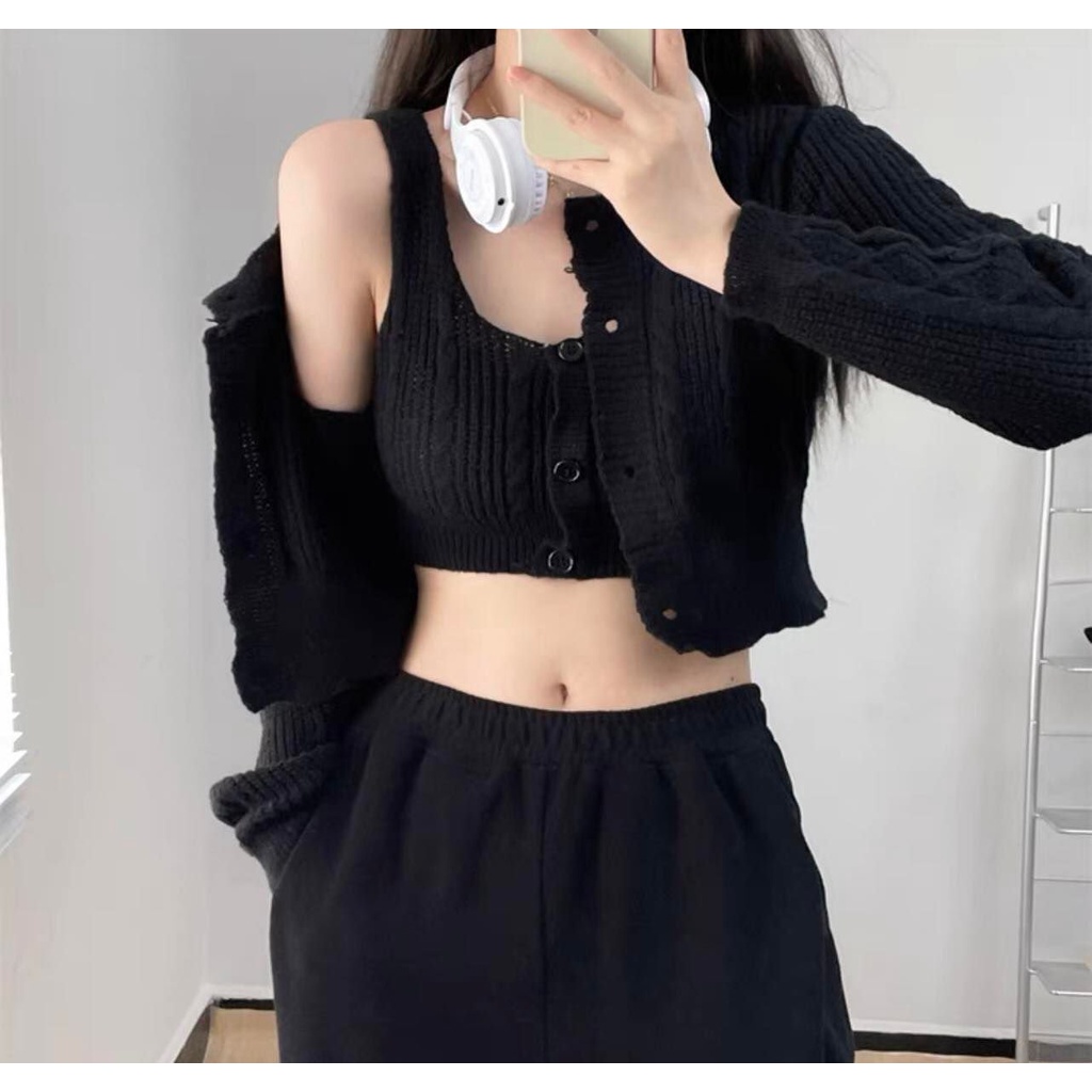 Set 2 món áo 2 dây + áo khoác len trẻ trung cá tính DA99