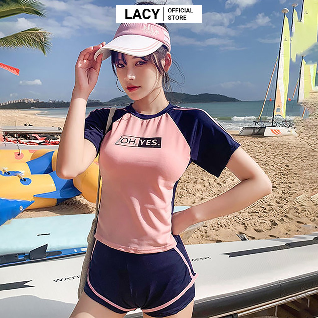 Bộ Đồ Bơi Nữ 2 Mảnh Áo Cộc Quần Đùi Bơi Dáng Thể Thao Màu Hồng Chữ Yes No Mặc Đi Tắm Biển Đi Bơi B097 | BigBuy360 - bigbuy360.vn