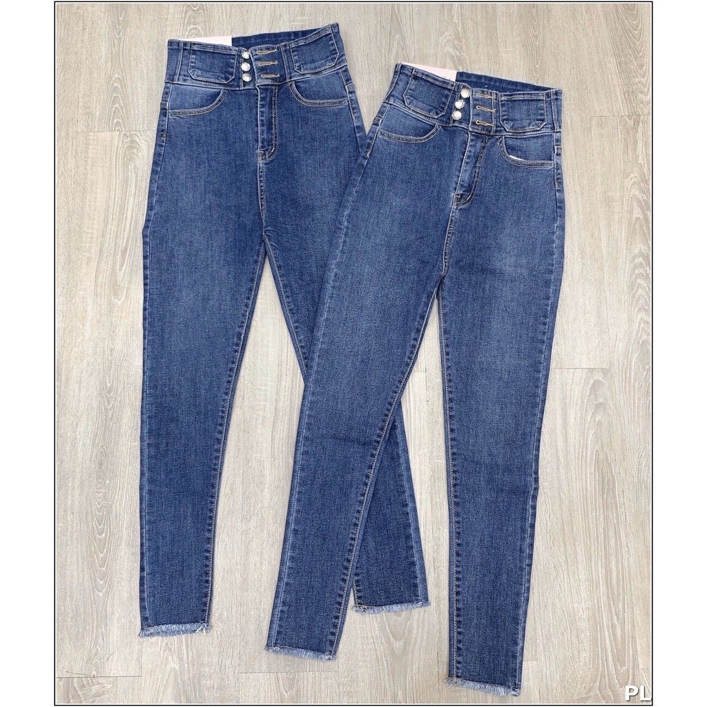 Quần jean nữ xanh trơn lưng cao 3 cúc cao cấp -chất denim co dãn tốt - quần chuẫn shop BB JEANS