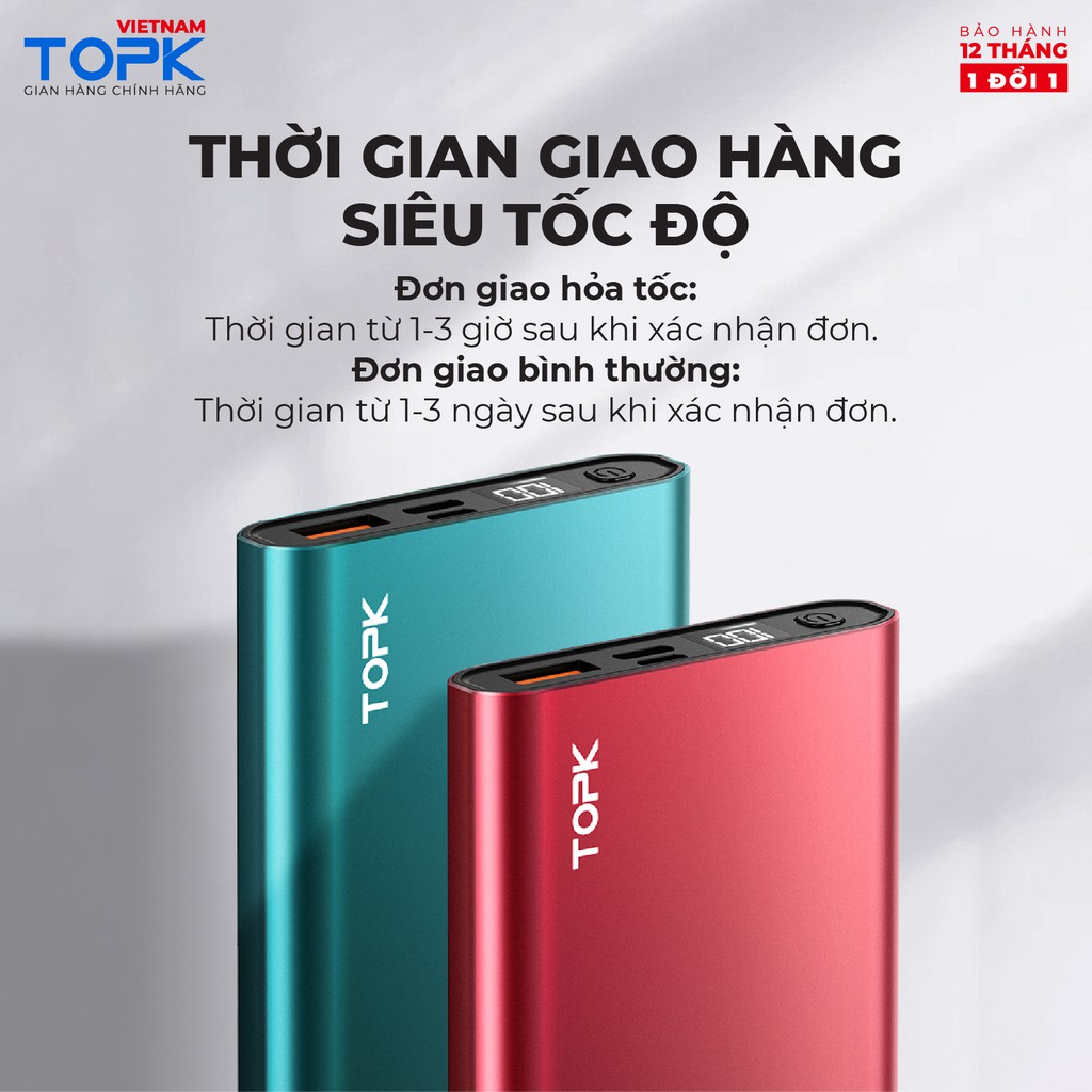 Pin Dự Phòng TOPK I1007P 20W PD QC3.0 10000mAh Sạc Nhanh Hiển Thị Điện Tử