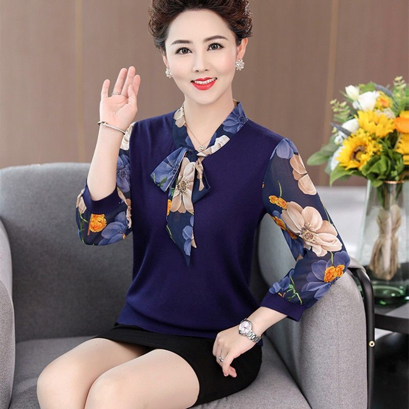 Áo thun tay dài dáng rộng thêu họa tiết thời trang mùa hè cho phụ nữ trung niên