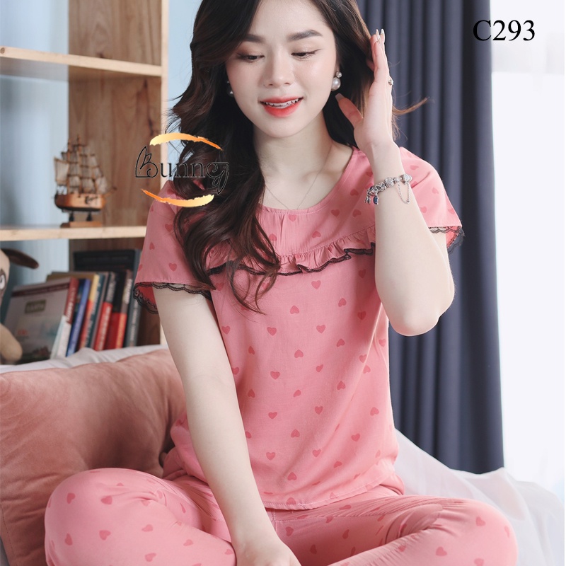 {BUNNY} ĐỒ BỘ NỮ, QUẦN ÁO NỮ MẶC NHÀ, SAU SINH THOẢI MÁI, KIỂU CỔ TRÒN HOẠ TIẾT NHẸ NHÀNG