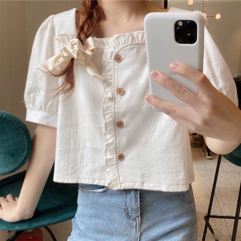 Áo cổ vuông tay phồng dáng rộng phong cách Pháp thời trang mùa hè dành cho nữ