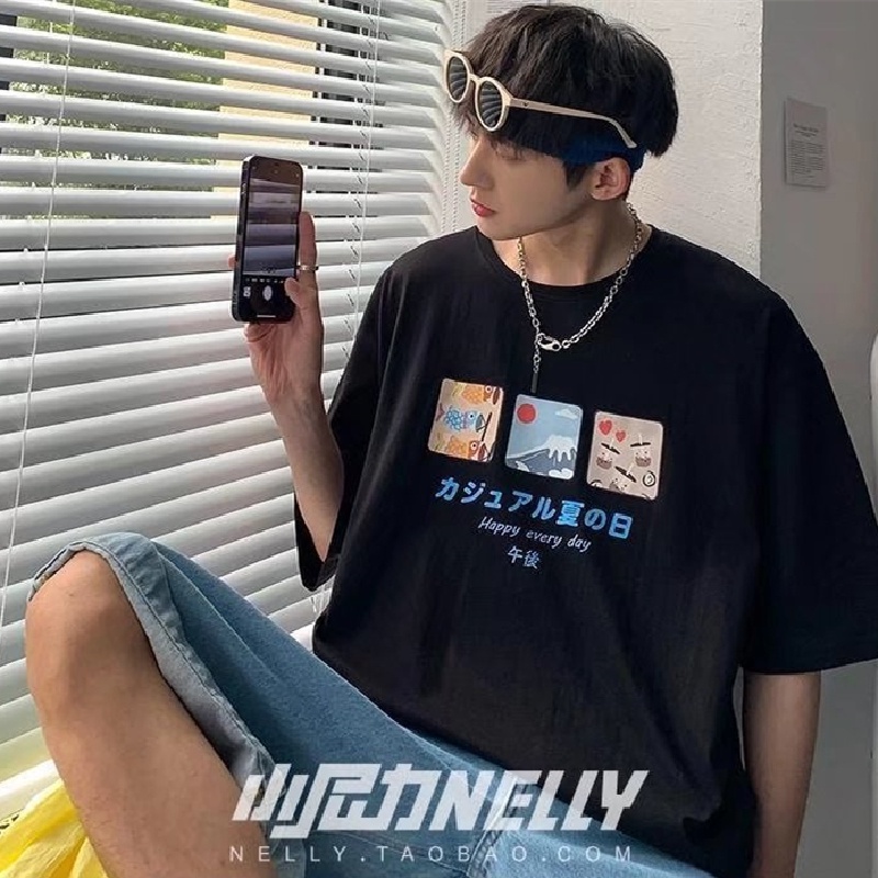 Áo thun 100% cotton tay ngắn dáng rộng in họa tiết hoạt hình phong cách Nhật Bản cho nam và nữ size M-3XL