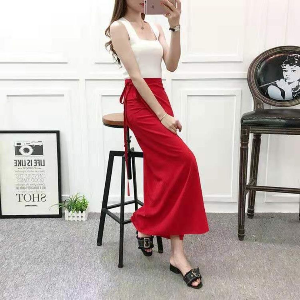 Chân váy vải voan mỏng lưng cao xẻ tà kiểu quần không đối xứng màu trơn đa năng thời trang mới