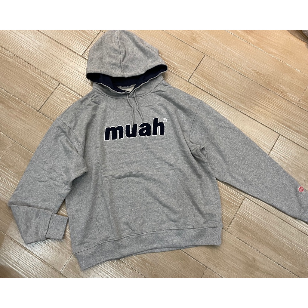 Áo hoodie Muah muah thêu logo  xuất Hàn màu xám dây kéo Unisex nam nữ