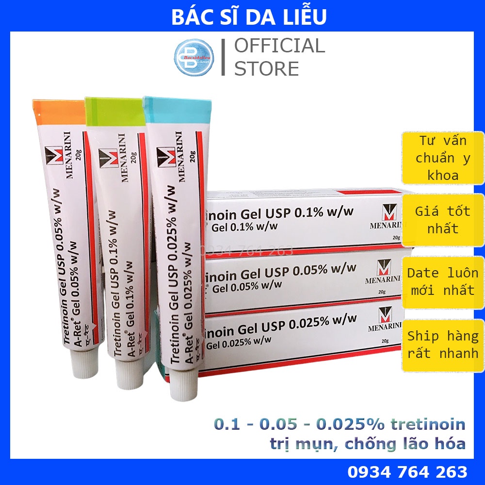 Tretinoin Aret gel (20g) 0.1% - 0.05% - 0.025% kem tretinol loại bỏ mụn, chống lão hóa, tre Ấn