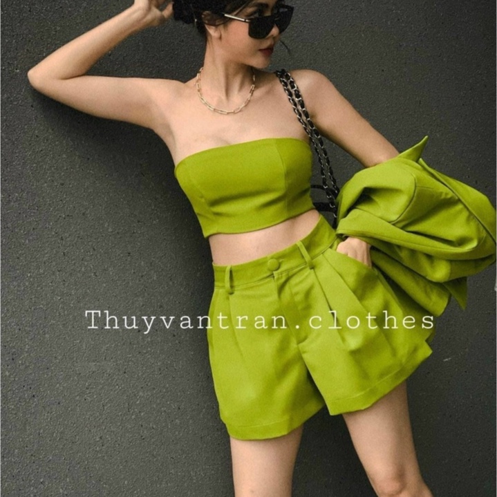 Set vest đùi 3 món áo cúc ngực kèm quần short áo khoác cực trẻ trung cá tính cho nàng đi chơi dự tiệc