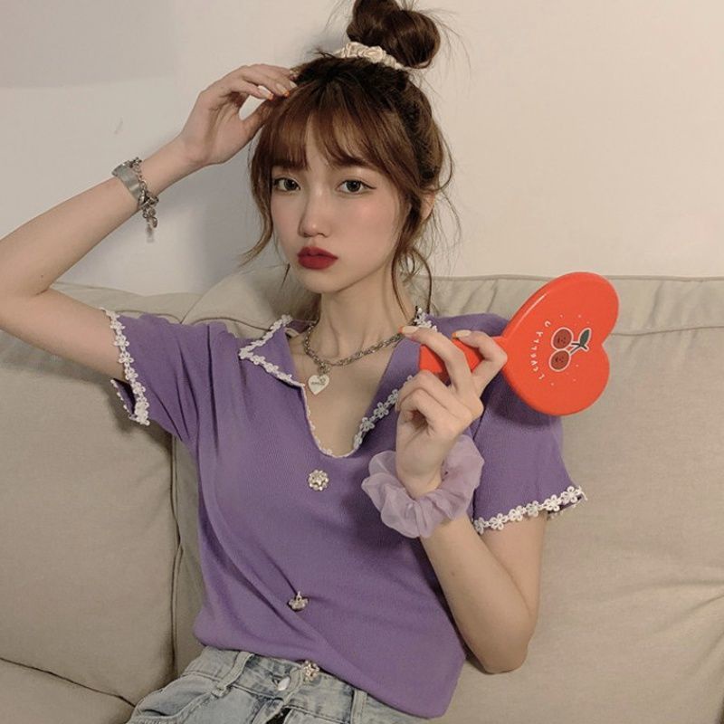 Áo Thun Dệt Kim Tay Ngắn Cổ Chữ V Màu Đen Phong Cách Pháp Thời Trang Mùa Hè Quyến Rũ Cho Nữ