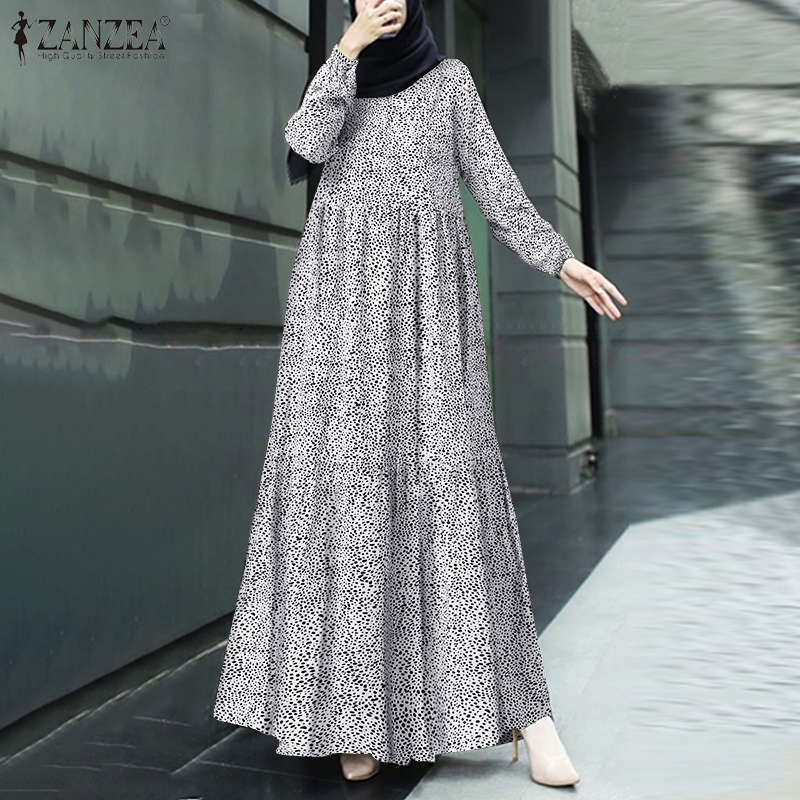 Đầm maxi Zanzea tay dài cổ tròn in họa tiết vintage dành cho nữ