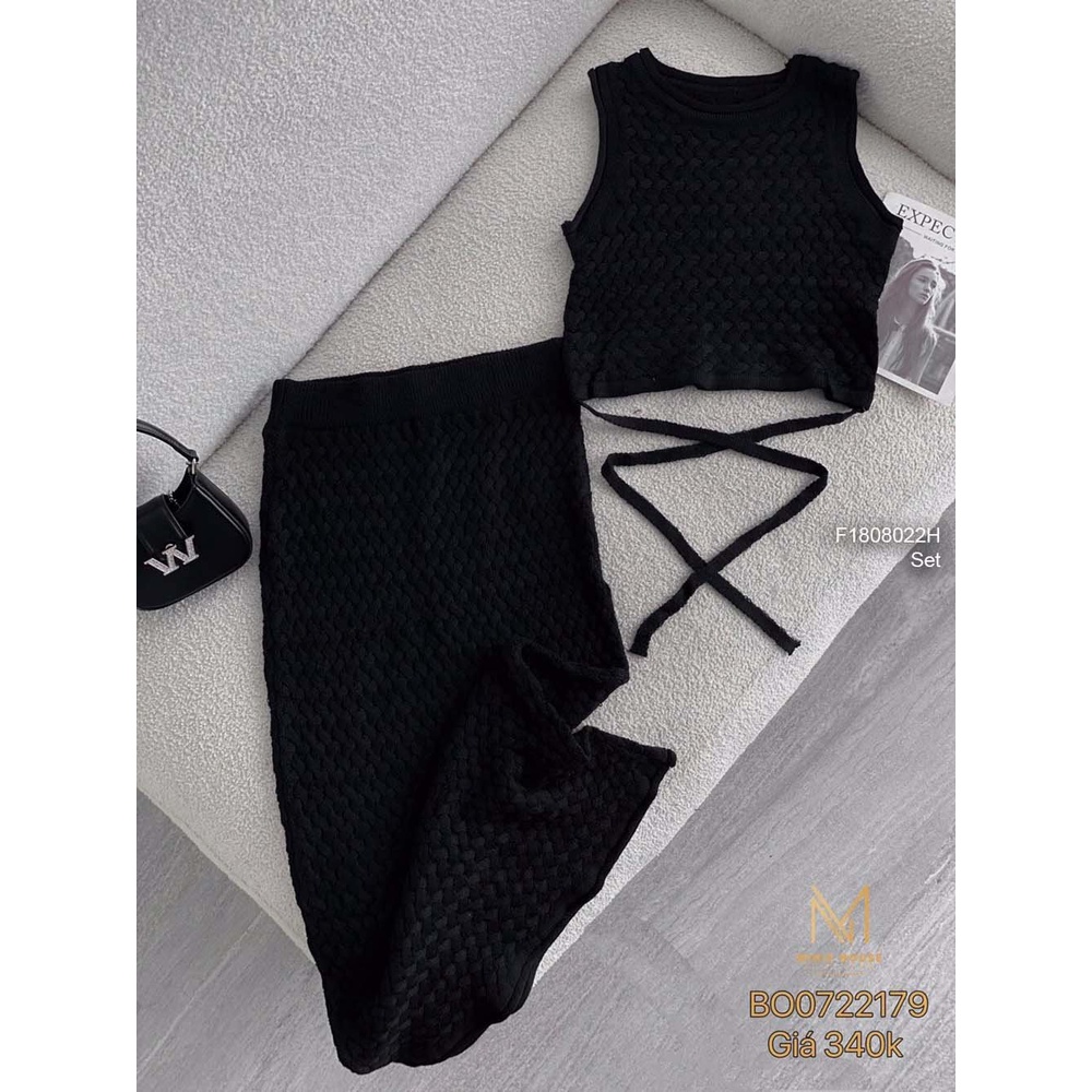 Set len áo croptop cột dây eo sát nách+ chân váy ôm dáng dài!