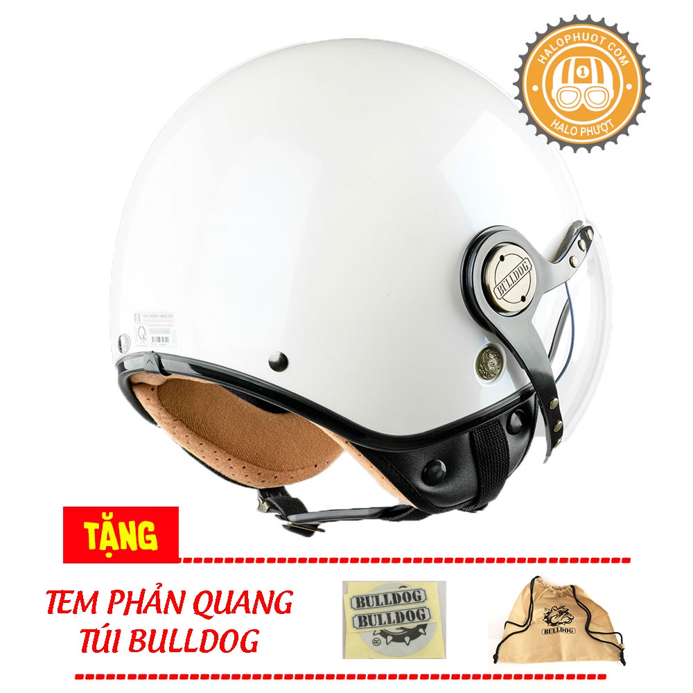 Mũ bảo hiểm 3/4 Bulldog POM Trắng (tặng túi vải, tem phản quang)