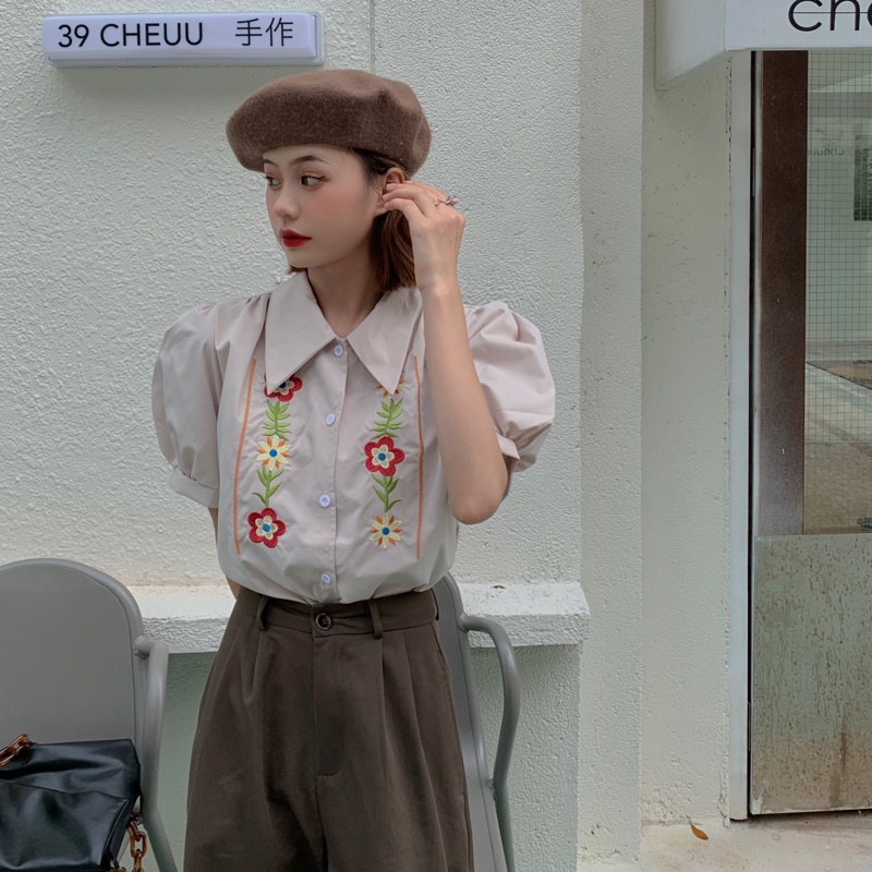 Áo Sơ Mi Ngắn Tay Họa Tiết Thêu Hoa Phong Cách Retro Pháp Thời Trang Mùa Hè Cho Nữ