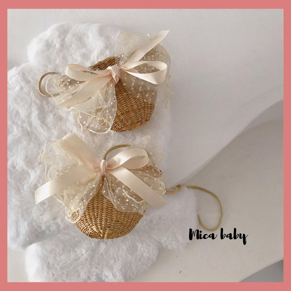 Túi cói đeo chéo đính nơ voan bản to siêu cưng cho mẹ và bé Mica Baby TC07