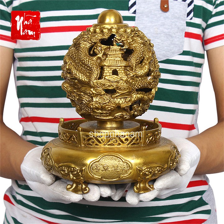 Lư hương đồng vàng cao cấp họa tiết rồng thắp trầm hương