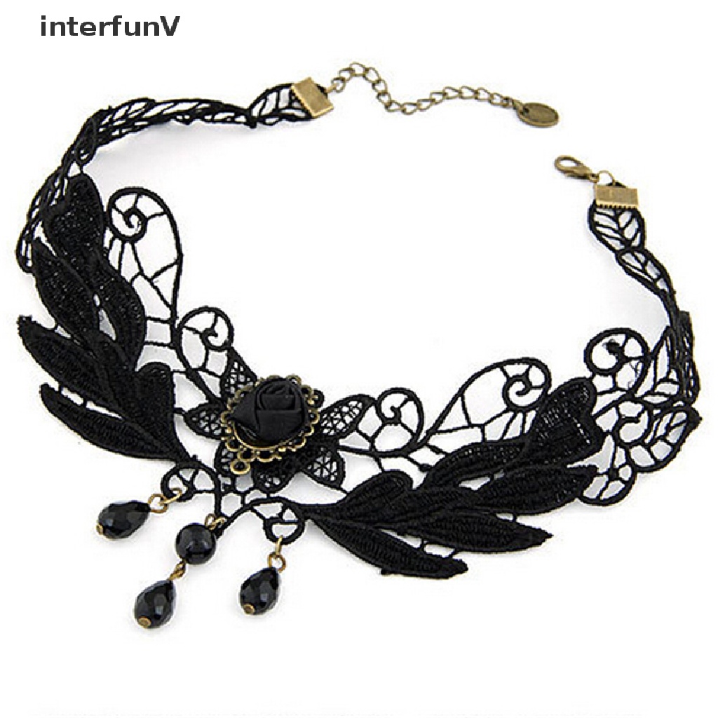 [InterfunV] Vòng Cổ Choker Ren Mặt Giọt Nước Mắt Đen Đính Hạt Phong Cách Lolita Mới Cho Nữ
