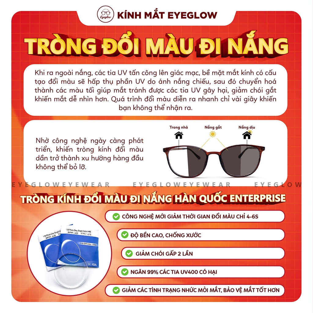 Tròng kính cận loạn có độ chống ánh sáng xanh, đổi màu đi nắng, tròng siêu mỏng Hàn Quốc EYEGLOW