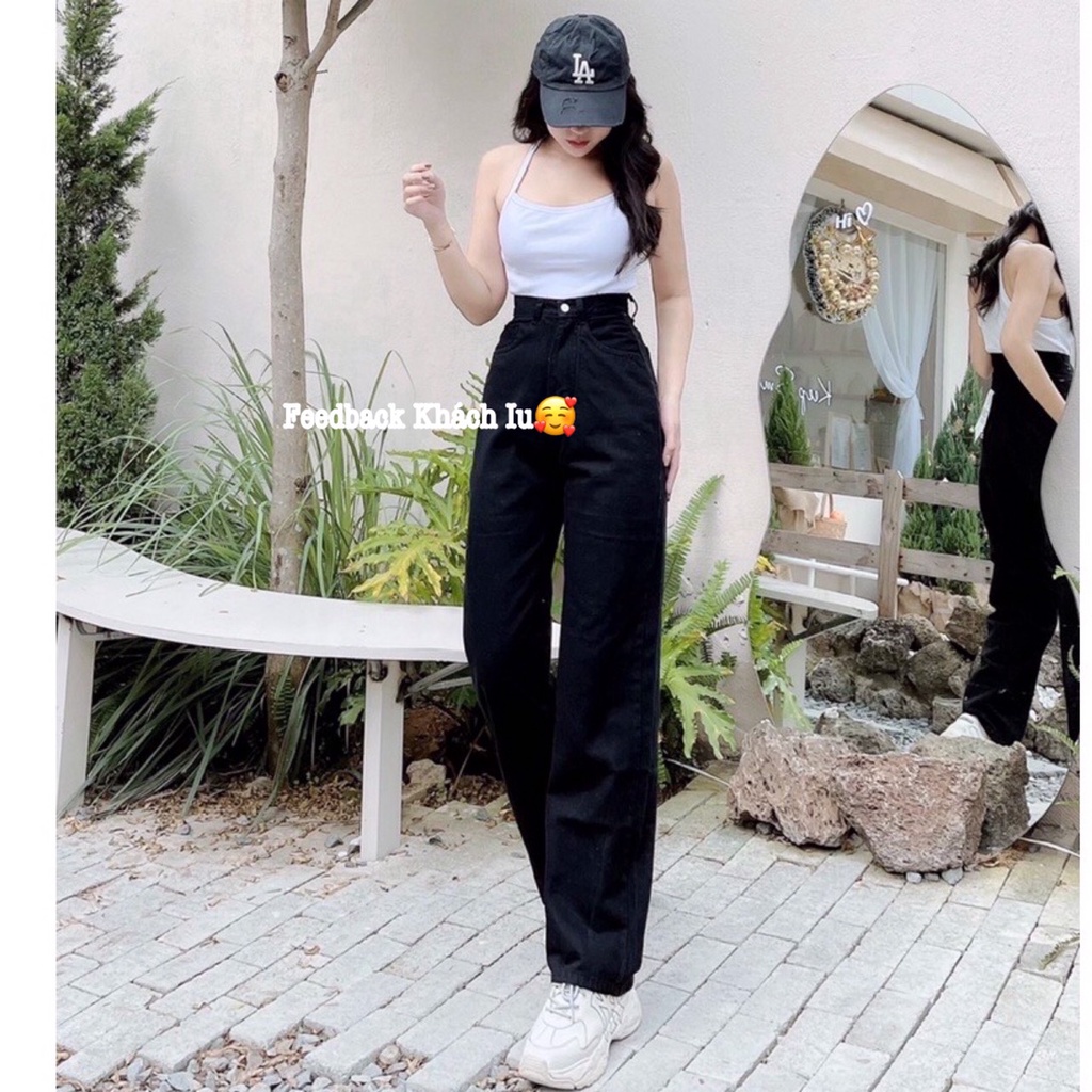 Quần Jean Nữ  MunMunStore Simple Jeans Lưng Cao Dáng Suông Ống Rộng Ulzzang ( Màu đen trắng )