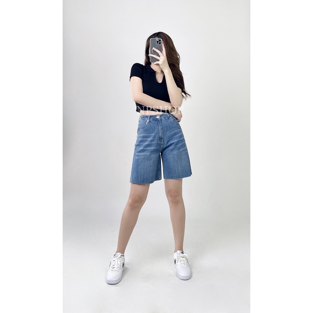 Quần short jean nữ NPSHOP, quần bò nữ lưng cao dáng ngố vải co giãn NPQ039-3M