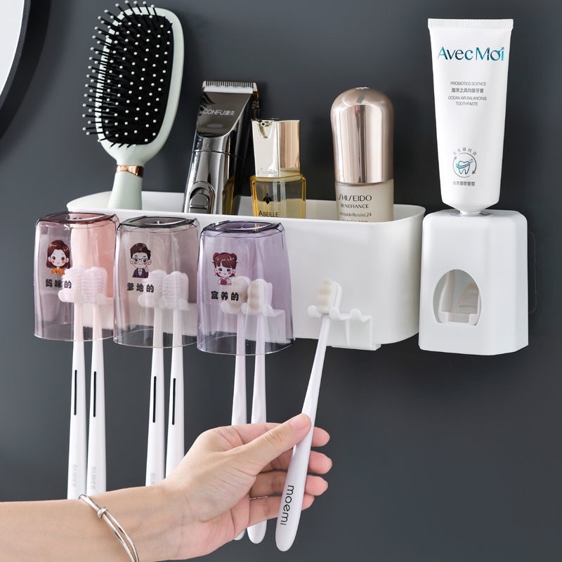 Giá treo bàn chải đánh răng dán tường kèm 4 cốc cao cấp và đồ nặn kem - Kệ để bàn chải nhả kem đánh răng Full bộ 4 ly