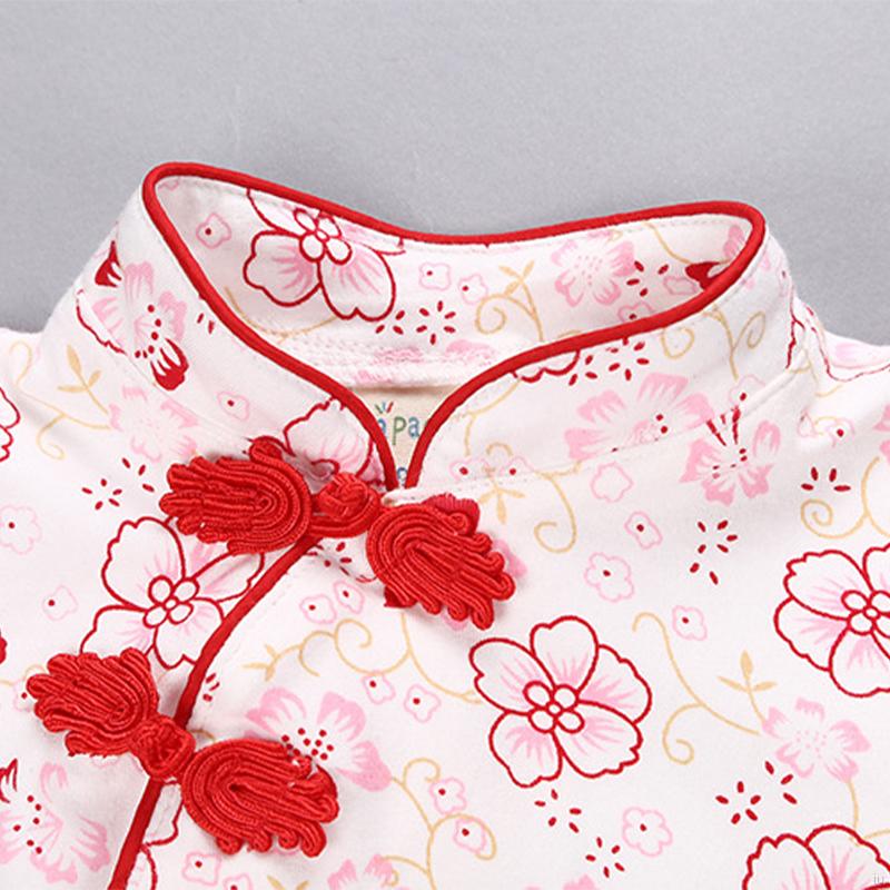 IU Summer Baby Girl Cute Flower Pattern Short Sleeve Romper Chinese Style One-piece Cheongsam Jumopsuit