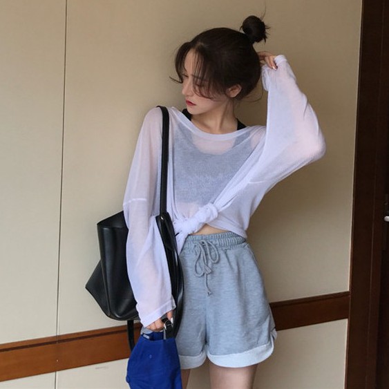 Áo thun tay dài chống nắng dáng rộng mỏng xuyên thấu quyến rũ thời trang