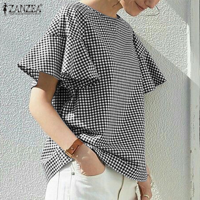 Áo kiểu ZANZEA tay dài phối bèo họa tiết caro phong cách đường phố châu Âu thời trang