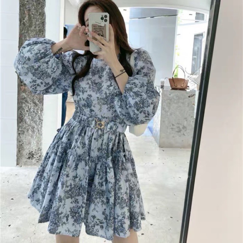 SẴNĐầm xoè hoạ tiết hoa nhí tiểu thư sang chảnh|Đầm babydoll tay phồng cổ tròn vintage xinh xắn dạo phố kèm belt