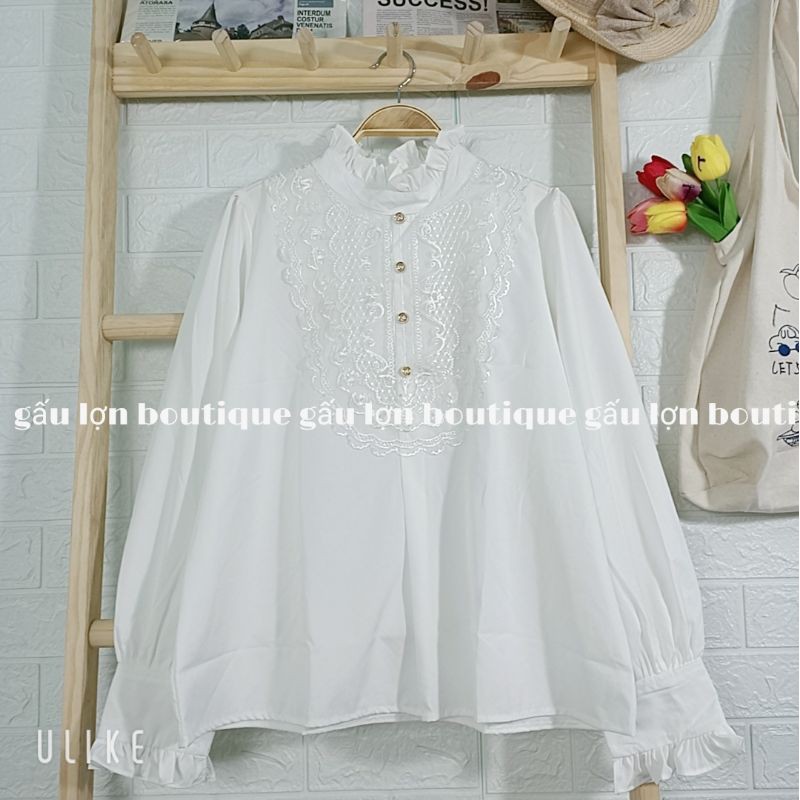 áo sơ mi ren ngực cổ tàu vintage tiểu thư ảnh thật