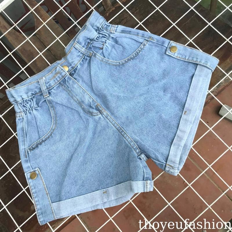 Quần short kaki nữ lưng cao, quần đùi jean cạp cao ống rộng sắn gấu C3