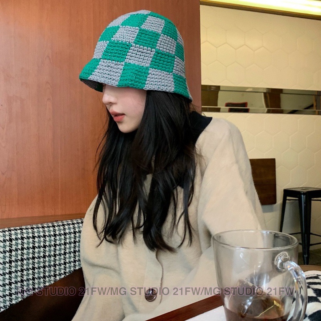 Mũ Bucket MG STUDIO Dệt Kim Họa Tiết Caro Thời Trang