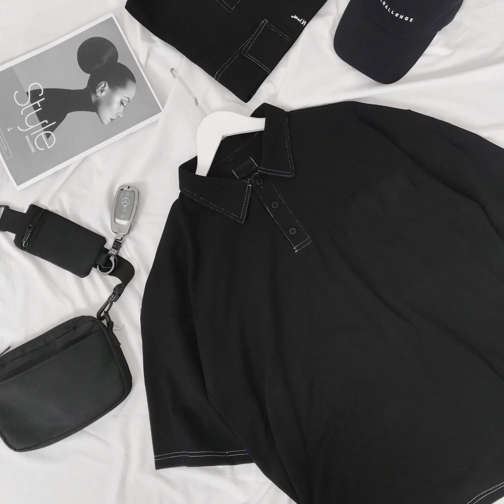 Áo Polo Trơn Tay Lỡ Unisex Chất Cotton Thoáng Mát,Áo Thun Có Cổ Phối Chỉ Nổi Phong Cách