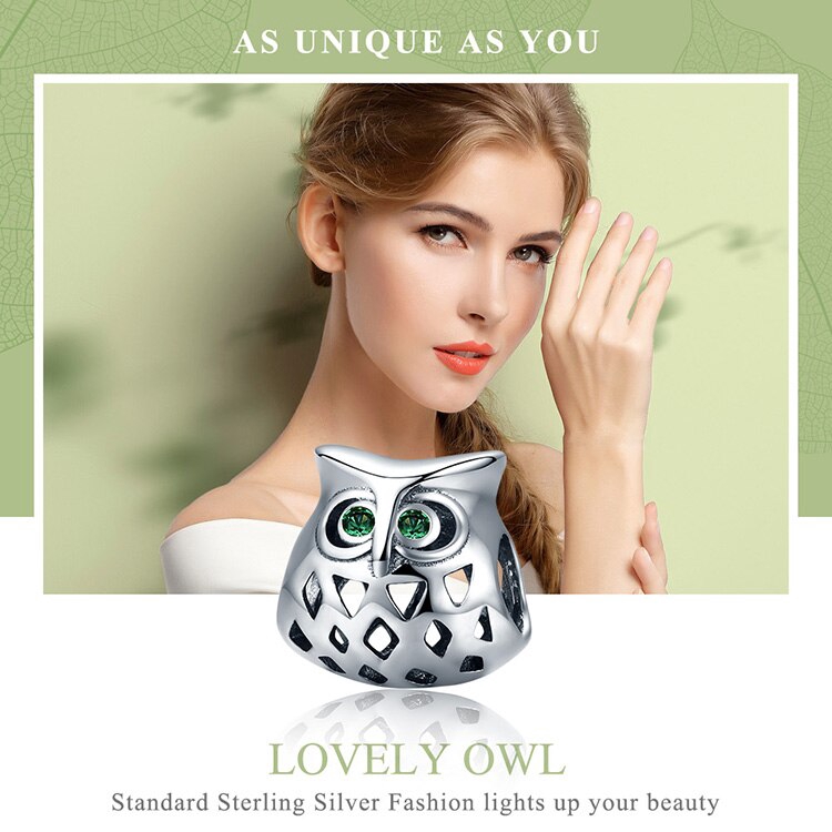 Hạt phụ kiện Bamoer SCC424 bằng bạc thật 925 thiết kế hình cú mèo khoét rỗng xinh xắn dùng làm trang sức