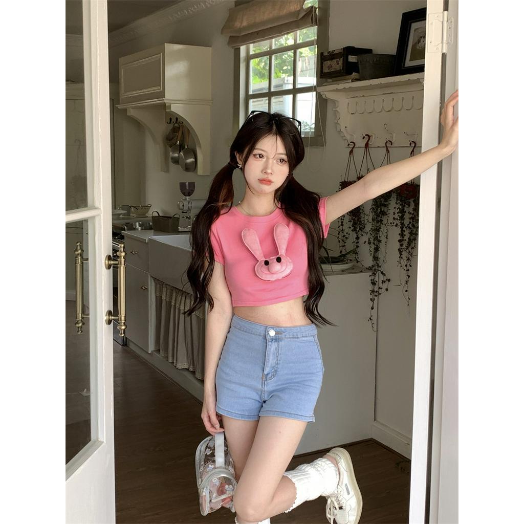 Áo Thun crop Top Tay Ngắn Cổ Tròn In Hình Thỏ Phong Cách Hàn Quốc Quyến Rũ Dành Cho Nữ