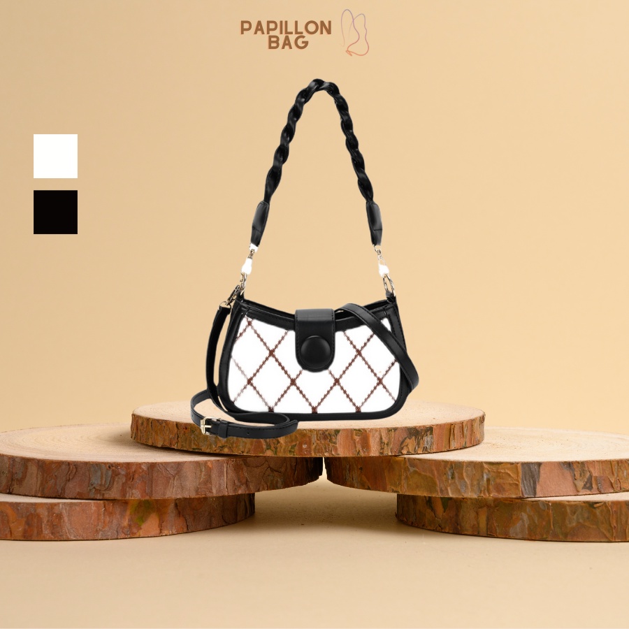 Túi Kẹp Nách Da Cao Cấp Thêu Hoạ Tiết Tứ Giác Cách Điệu Kèm Dây Đeo Chéo PATX08 PAPILLON
