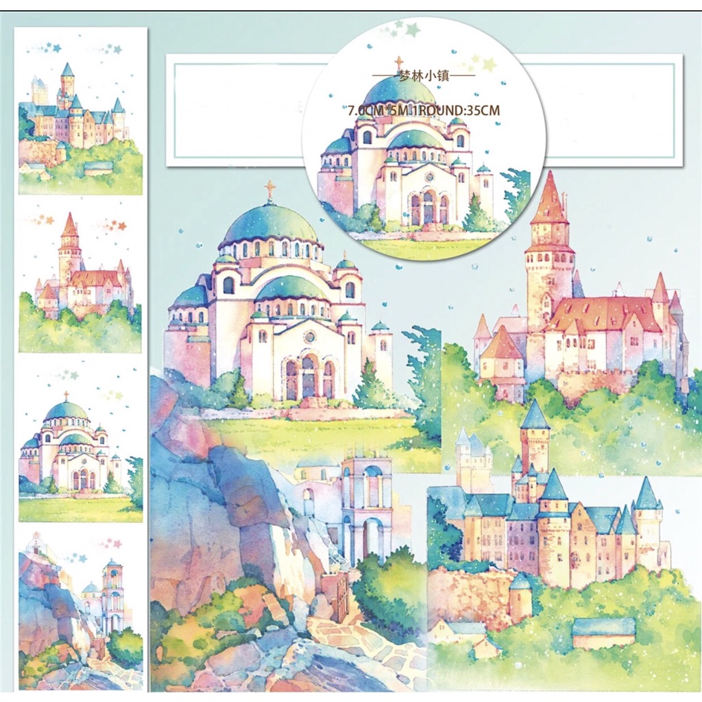 WS057 Washi tape Hình Lâu đài, cung điện dùng trang trí sổ, bàn học, sổ tay, chiết theo chu kỳ sản phẩm