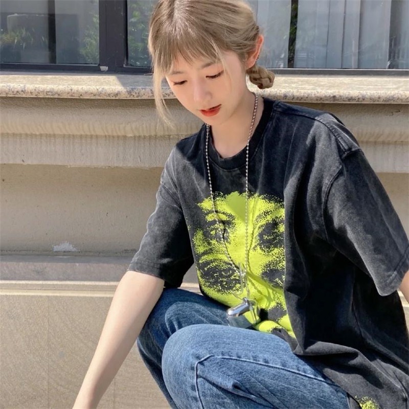 Đen Áo Thun Tay Ngắn Dáng Rộng In Họa Tiết Phong Cách Hip Hop Thời Trang Cho Nữ