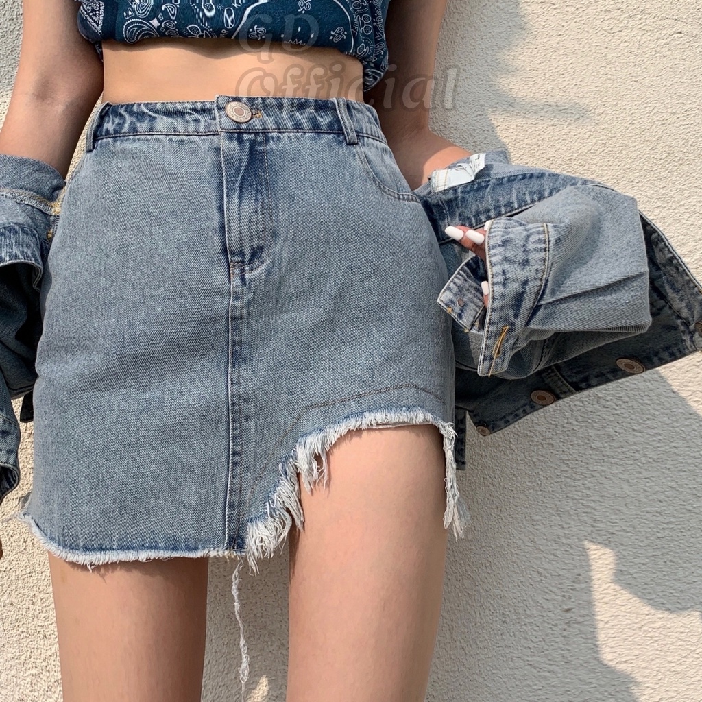 B6|Set bộ jeans bò áo croptop ngắn, váy rách cá tính hàn quốc gd_order