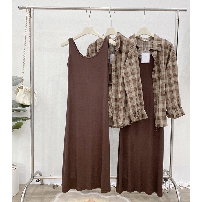 [301] Set 2 Món Váy Maxi Nâu Mix Áo Sơmi Kẻ Cá Tính Có Ảnh Thật