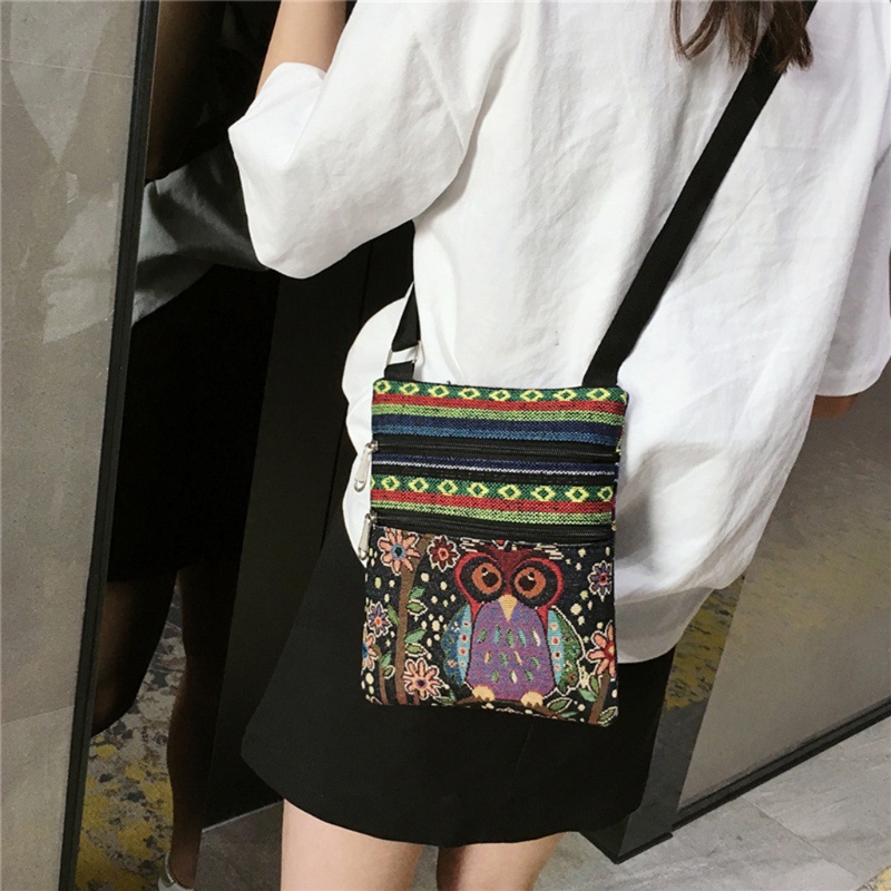 Túi Đeo Chéo Vải Canvas In Họa Tiết Chim Cú Phong Cách Bohemian Cổ Điển Thời Trang Cho Nữ