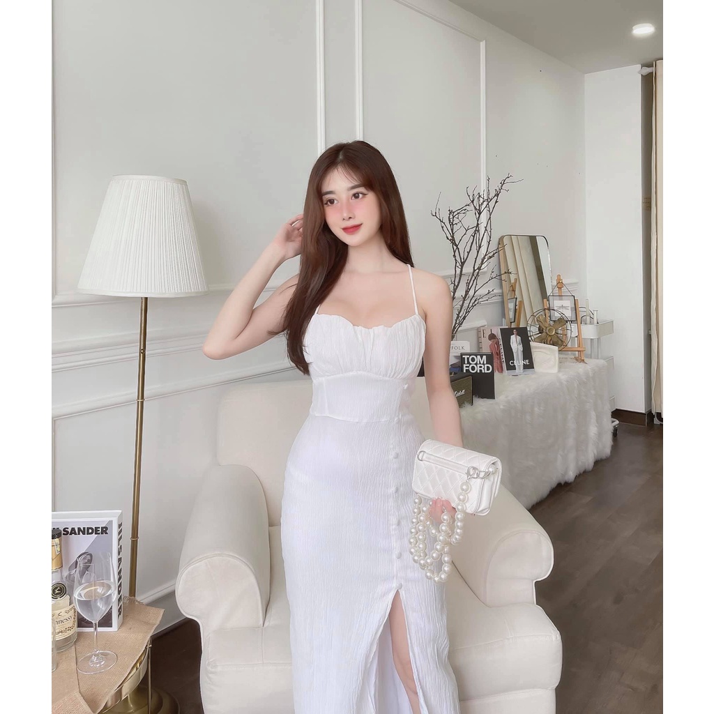 [Ảnh thật] Đầm ôm body 2 dây nhún ngực xẻ tà đính nút bọc cực quyến rũ