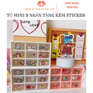 Kệ 9 ngăn- hộp đựng đồ mini- Tủ nhựa 9 ngăn trong suốt- kệ decor bàn học- tủ 9 ngăn mini kèm sticker dễ thương