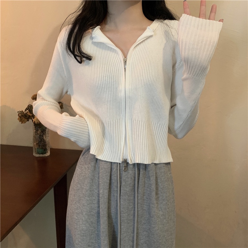 Áo khoác cardigan dệt kim tay dài dáng rộng có mũ trùm đầu hoạ tiết kẻ sọc phong cách Hàn Quốc