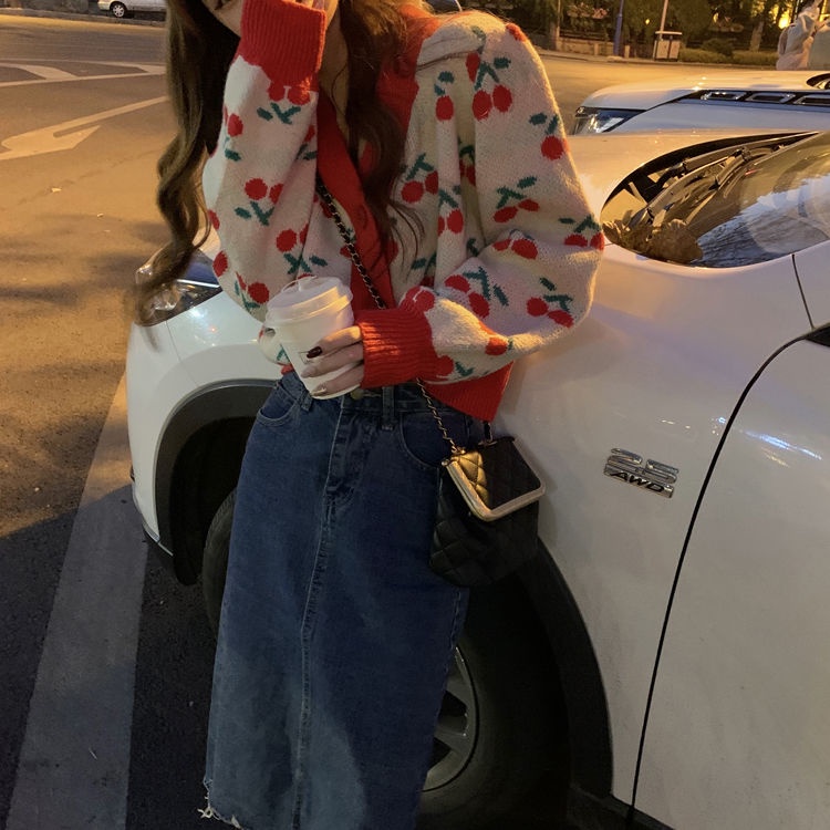 Áo cardigan len tay dài cổ chữ V dáng rộng in họa tiết quả cherry phong cách Hàn Quốc retro thời trang